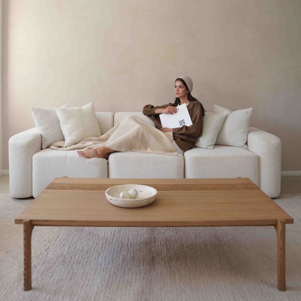 نمای روبهرو از کاناپه مدل ۱۹۰۱ eronhome با پارچه روشن که فردی روی آن لمیده است